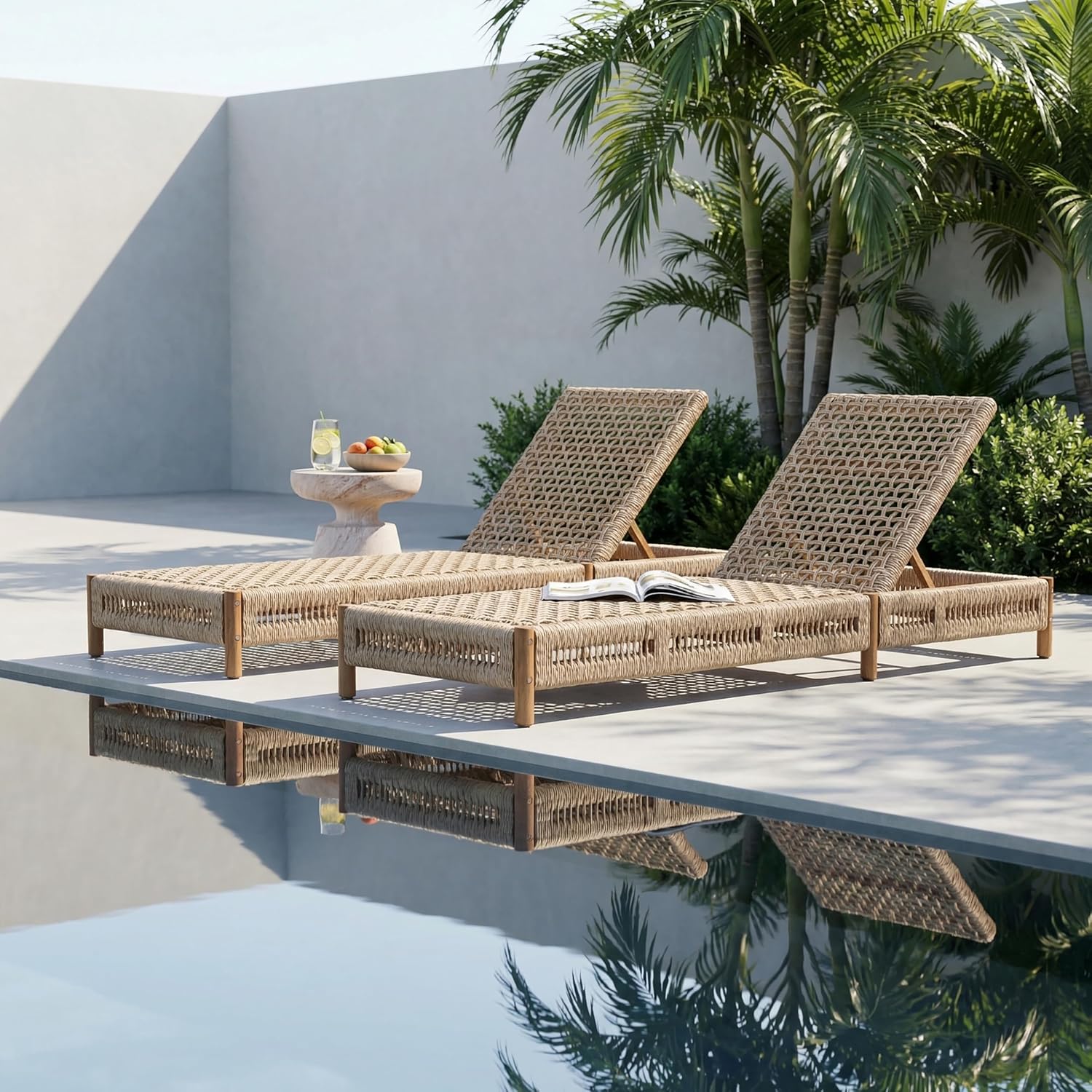 Teak Acacia Wood Wicker Chaise Lounge Set 2