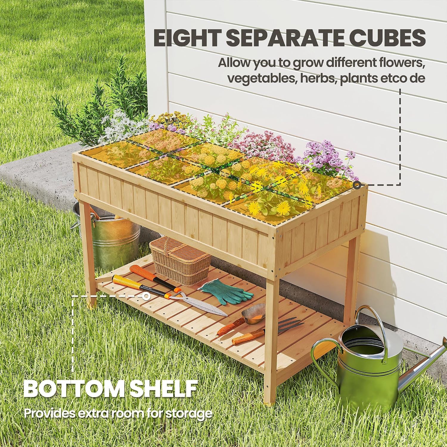 Natural Wood Elevated Planter With Pockets & Shelf
