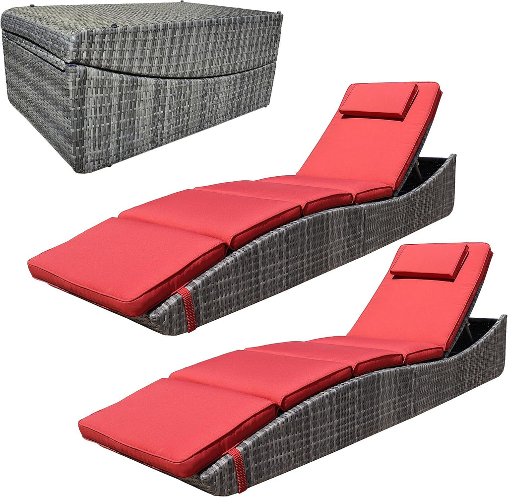 Burgundy Foldable Wicker Patio Chaise Lounge Set 2
