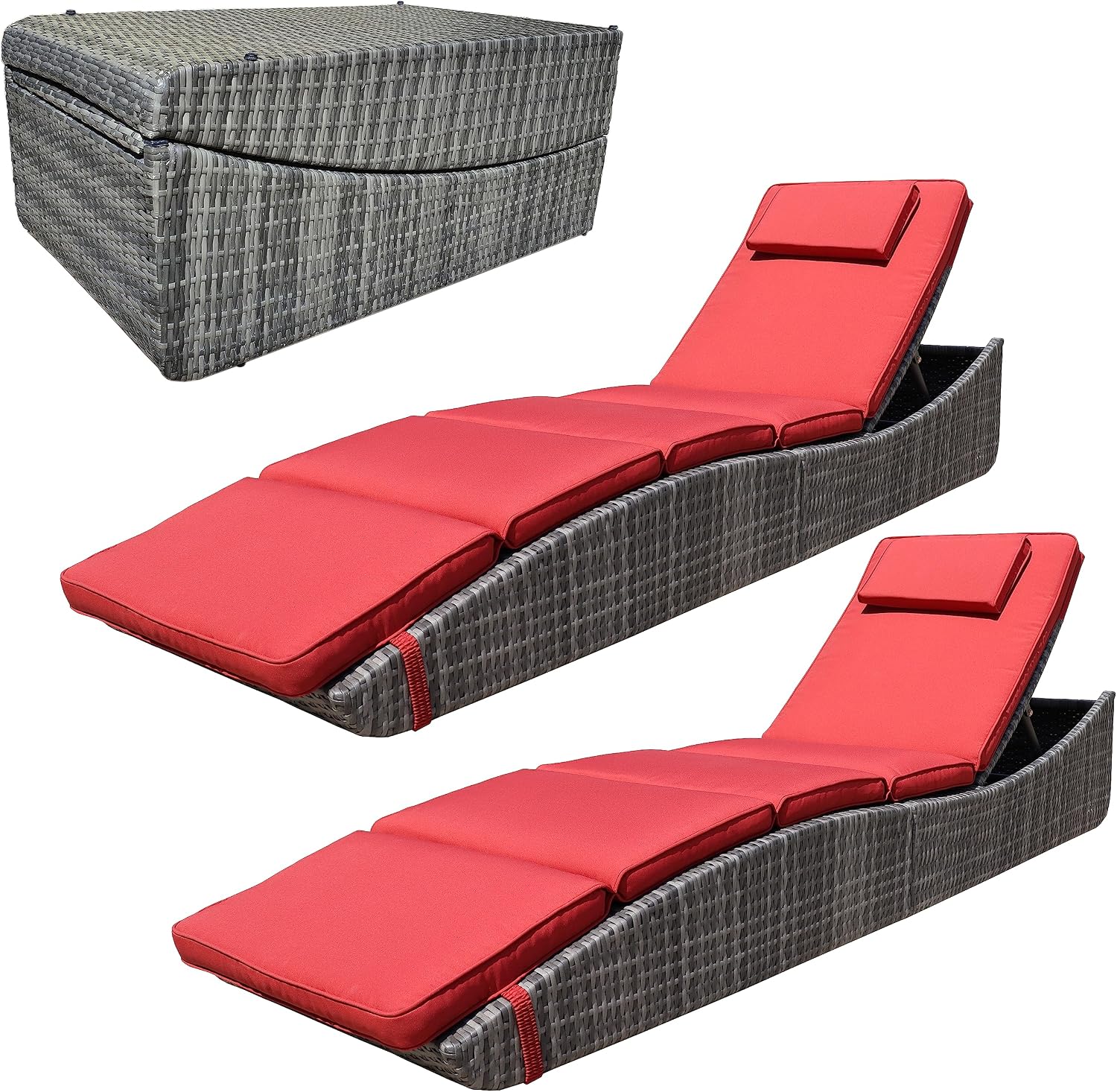 Burgundy Foldable Wicker Patio Chaise Lounge Set 2